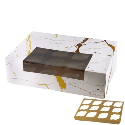 Gold Splatter Cupcake Box w / Insert - Holds 12 Cupcakes
