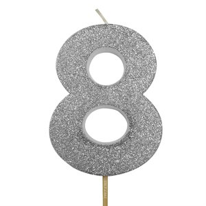 Silver Glitter Number 8 Candle 4"